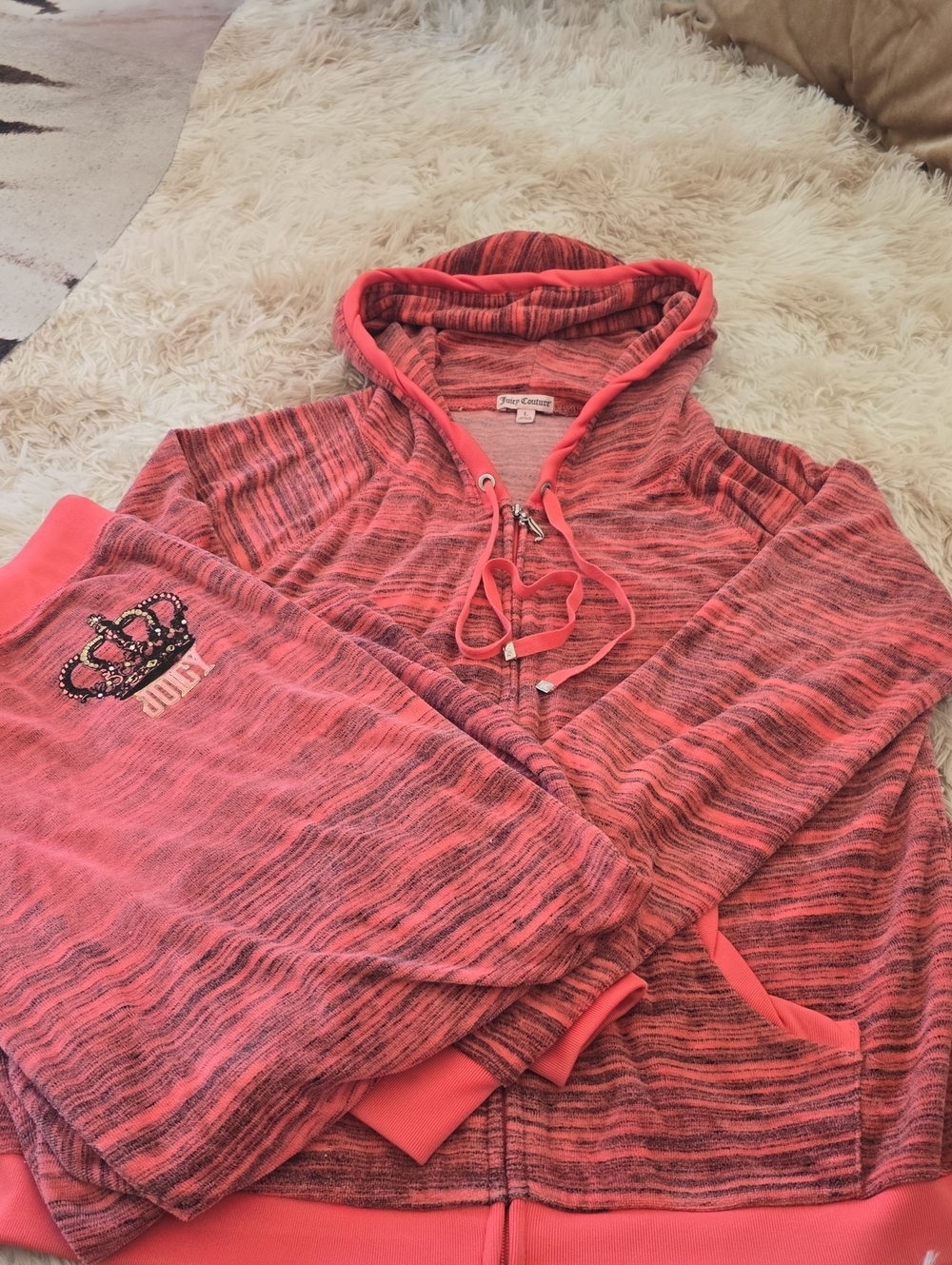 Juicy Couture Coral Pink Heathered Zip Hoodie with Crown Patch